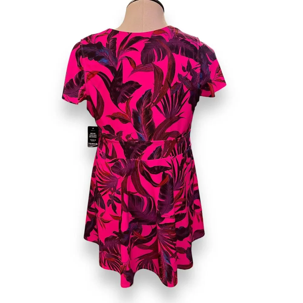 Torrid 4 (4X 26) Hot Pink Wireless Flutter Sleeve Skater Swim Dress w/Briefs - Picture 4 of 6